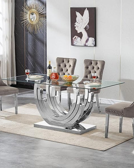 Henf 5-Piece Dining Table Set with 4 Upholstered Dining Chairs, Large Dining Table and Chair Set for 4, Modern Glass Kitchen Table Furniture for Dining Room, Glass Top and Stainless Steel Pesestal