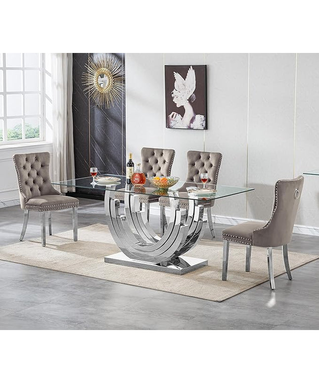 Henf 5-Piece Dining Table Set with 4 Upholstered Dining Chairs, Large Dining Table and Chair Set for 4, Modern Glass Kitchen Table Furniture for Dining Room, Glass Top and Stainless Steel Pesestal