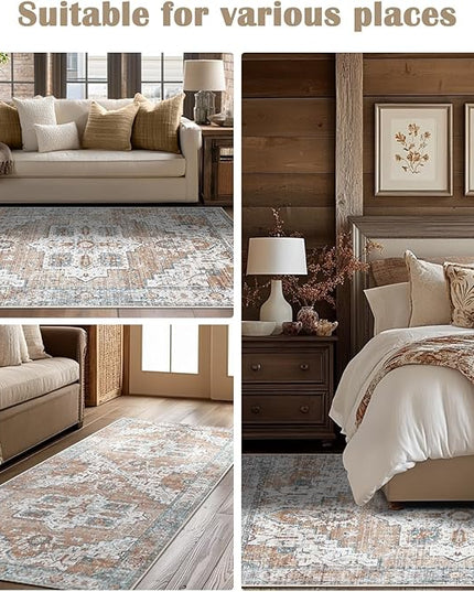 jinchan Oriental 2x3 Rug for Entryway - Machine Washable Non-Slip Doormat Ultra-Thin Low-Pile Small Vintage Floral Distressed Accent Rug for Entrance Bedroom Kitchen Bathroom(2x3ft, Orange)