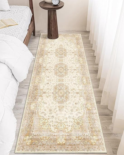 Washable Runner Rug 2'x6',Boho Rug Runners Non Slip,Long Rugs for Hallways Kitchen Bathroom Bedroom Entryway,Vintage Bohemian Distressed Floor Carpet,Beige Gold Floral