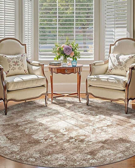 jinchan Round Rug 8ft Area Rug - Brown Vintage Floor Mat Kitchen Indoor - Washable Circle 8' Thin Floral Print Carpet Retro Farmhouse Non Slip Dining Room Living Room Bedroom Office