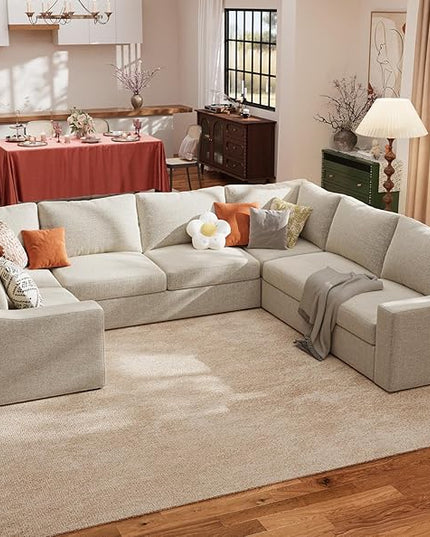 ABCASA Oversized 136" Modular Sectional Sofa, Deep Seat U Shaped Couches for Living Room, Breathable Linen Fabric Corner Couch, Easy to Assemble, Oatmeal