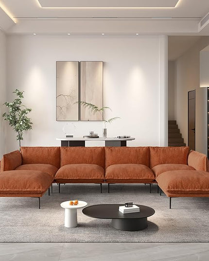 WJShome 147" Modern U-Shaped Couch for Living Room,Velvet Modular Sectional Sofa with Chaise,4-Seater Sofa with 2 Ottomans with Removable Cushions and 8" High Metal Legs, Easy to Clean, Terracotta