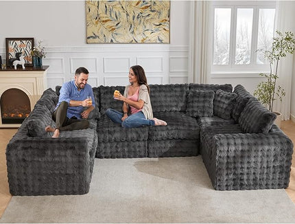 TYBOATLE 135’’ Boneless Slow-Rebound Memory Foam Couch, Cloud Sectional Couches for Living Room w/Upgraded Fabric, Deep Seat Comfy Fluffy U Shaped Modular Sectional Sofa w/Chaise (Grey, 6U)