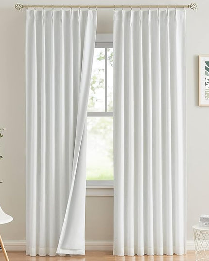 Vision Home White Pinch Pleated Full Blackout Curtains Thermal Insulated Window Curtains 112 inch for Living Room Bedroom Room Darkening Pinch Pleat Drapes with Hooks Back Tab 2 Panel 40" Wx112 L