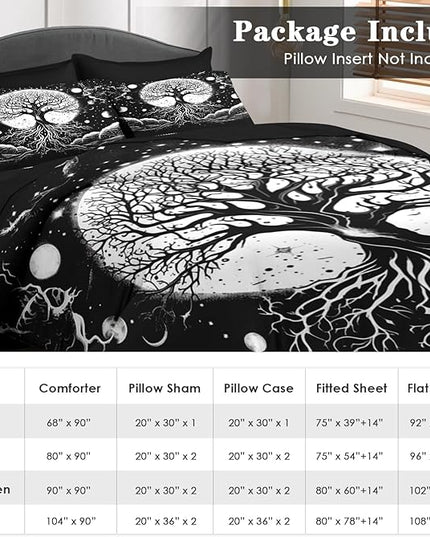 Comforter Set King Size, Tree of Life Dark Magic 7 Pcs Bedding for Kids and Adults, Sun Moon Bed Sheet Sets with Fitted Sheet 2 Pillowcases & 2 Shams for Bedroom Bed Decor