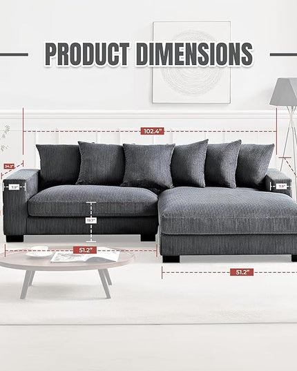 Luxe Oversized Two-Piece Sectional Couches for Living Room, 102.4-Inch L Shaped Sofa with Chaise, Upholstered with Corduroy Fabric, Grey - Right Facing
