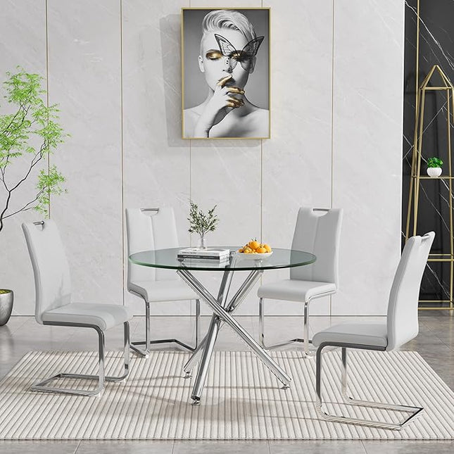 HomVent Round Glass Dining Table Set for 4, 5-Piece Modern Kitchen Table Set with 4 PU Upholstered Chair for Kitchen Dining Room, Glass Dining Room Table Set