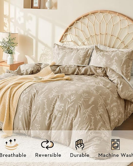 MUXHOMO Taupe Full Comforter Set, Elegant Floral Print Bed in a Bag 7 Pieces, Ultra Soft & Breathable Reversible Botanical Pattern Bedding Set with Comforter, Sheets, Pillowcases, and Shams