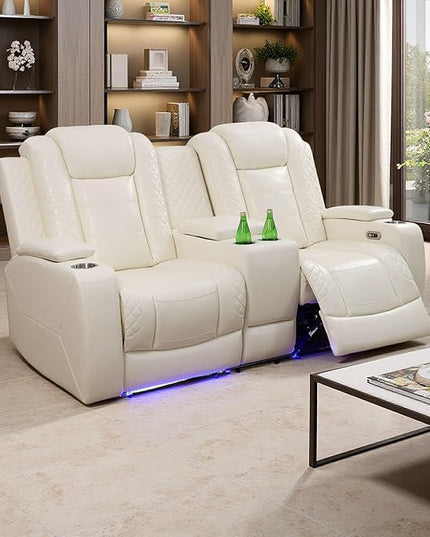 Power Recliner Loveseat Set, Leather Reclining Sofa Sectional Couch, 2 Seater Reclining Couches, Living Room Furniture Sets, Reclining Sofa with Storage Console for House(Creamy White)
