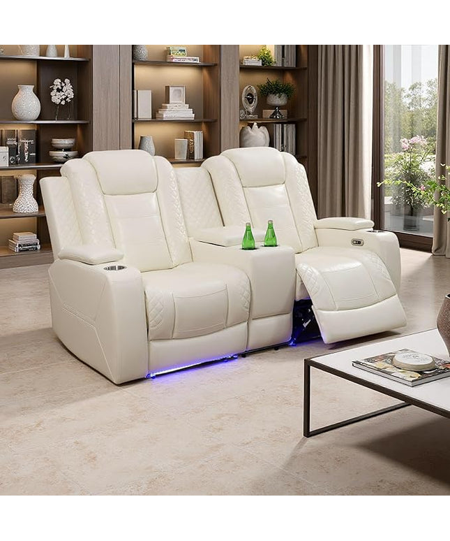 Power Recliner Loveseat Set, Leather Reclining Sofa Sectional Couch, 2 Seater Reclining Couches, Living Room Furniture Sets, Reclining Sofa with Storage Console for House(Creamy White)