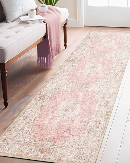 Washable Runner Rug 2x8,Pink Rug Runners Non Slip,Long Boho Rugs for Hallways Kitchen Bedroom Entryway Living Room Bathroom,Vintage Bohemian Distressed Floor Carpet,Blush