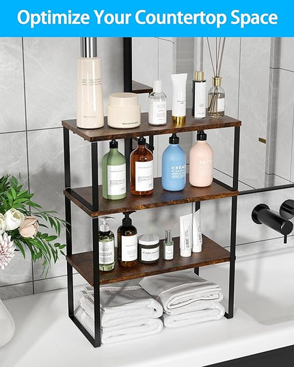 Golener Countertop Organizer Corner Shelf, 2 Tier Adjustable Stackable Corner Shelves for Kitchen, Bathroom, Spice Rack, Coffee Area, Over Sink, Dresser Table, Corner Counter Shelf Stand, Rustic Brown