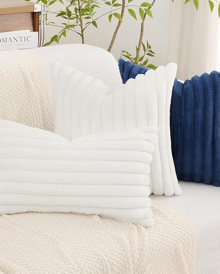 decorUhome Faux Fur Spring Throw Pillow Covers 12x20 Set of 2, Decorative Soft Plush Striped Lumbar Neutral Couch Euro Pillow Covers with Velvet Back for Sofa, Bed, Living Room Home Decor, White
