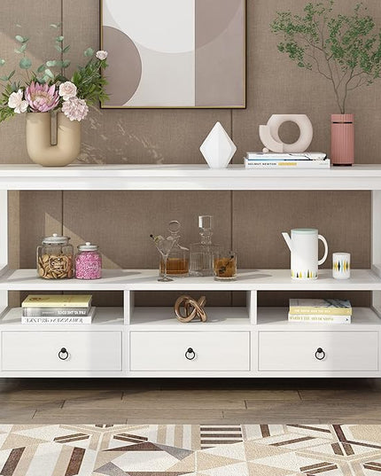 Karl home Console Table with 3 Bottom Drawers, 57.9" W Sofa Side Table Entryway Desk with 3 Storage Cubbies 1 Open Shelf, Vintage TV Stand for Hallway Living Room Office, White 29.9" H
