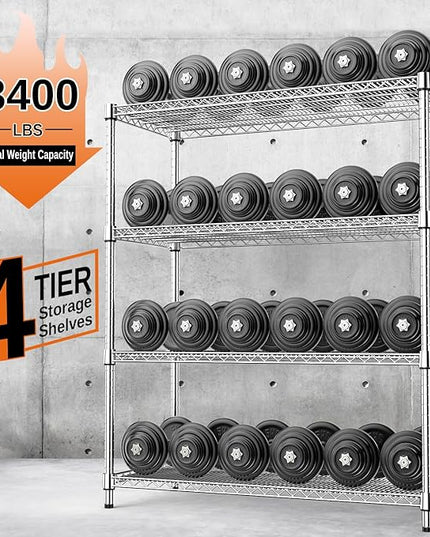 IZEUK 3400 LBS Garage Shelving Wide Storage Shelves 4 Tier Metal Shelves Heavy Duty Adjustable Utility Shelf Rack Chrome 17.7" D x 47.2" W x 70.4" H