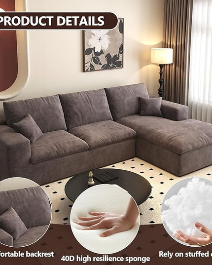 107'' L-Shaped Modern Modular Sectional Cloud Couch, 4-Seat Chenille Deep-Seat Sofa with Pillow for Living Room, Bedroom, Apartment, Camel