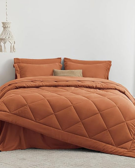 Love's cabin Full Comforter Set Terracotta, 7 Pieces Full Bed in a Bag, All Season Bedding Sets with 1 Comforter, 1 Flat Sheet, 1 Fitted Sheet, 2 Pillowcase and 2 Pillow Sham