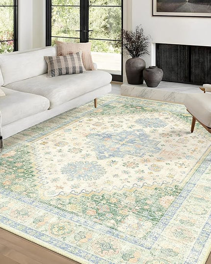 MUJOO 6x9 Area Rugs Washable,Boho Rugs for Living Room Bedroom Dining Room,Large Non Slip Throw Carpet Indoor,Low Pile Light Green and Blue