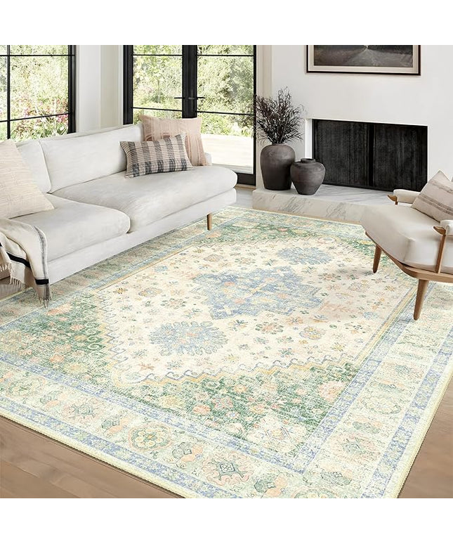 MUJOO 6x9 Area Rugs Washable,Boho Rugs for Living Room Bedroom Dining Room,Large Non Slip Throw Carpet Indoor,Low Pile Light Green and Blue