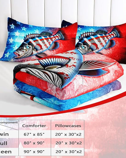 AILONEN Pike Fish Bedding Set Twin Size - Red and Blue Bass Big Fishing Comforter Set with 2 Pillowcases,3-Piece Hunting Bedding