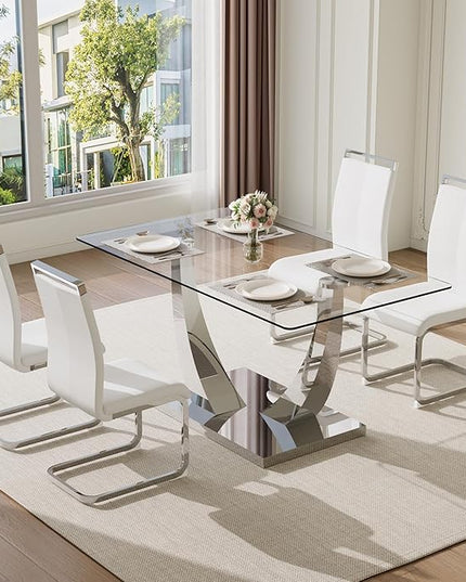 63” Glass Dining Table Set for 4,Modern Dining Room Table Set for 4, Kitchen Table and PU Leather Chairs, Dinner Table with Rectangle Tempered Glass Top and Chrome Silver Base