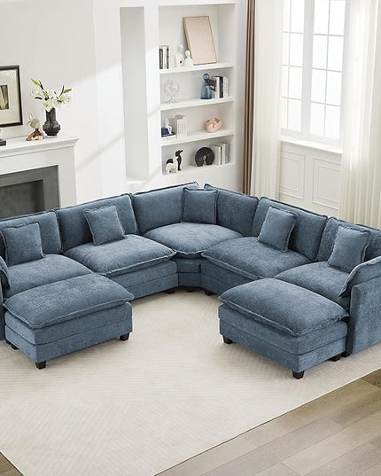 137'' V Shaped Cloud Sectional Sofa, Oversized Deep Seat Couches for Living Room, Chenille Comfy Upholstered Modular Sectional Sofa Couch with 2 Movable Ottoman, Blue