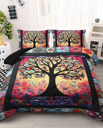 AILONEN Colorful Tree of Life Comforter Set Queen Size,Bohemian Ethnic Tree Flower Comforter with 2 Pillowcases,3-Piece Retro Duvet Set