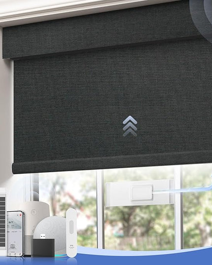 Motorized Blinds with Remote,100% Blackout Smart Roller Shades,Rechargeable Smart Blinds【Solar Panel Included】 Wireless Electric Cordless Shades with Cover Compatible with Alexa Black 39 * 72