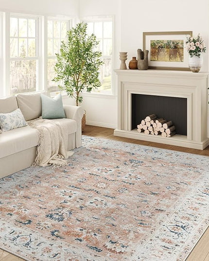jinchan Area Rug 8x10 Living Room Rug - Washable Vintage Large Boho Floral Floor Cover Lightweight Low Pile Thin Non-Slip Retro Distressed Carpet for Bedroom Dining Room Kitchen Office Pink Blush