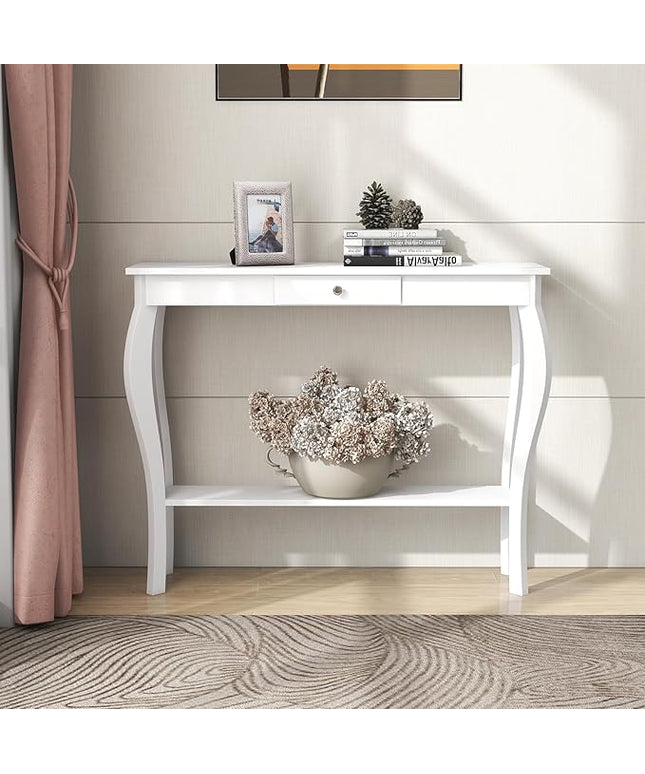 ChooChoo Narrow Console Table with Drawer, Chic Accent Sofa Table, Entryway Table, 39.3 Inch, White