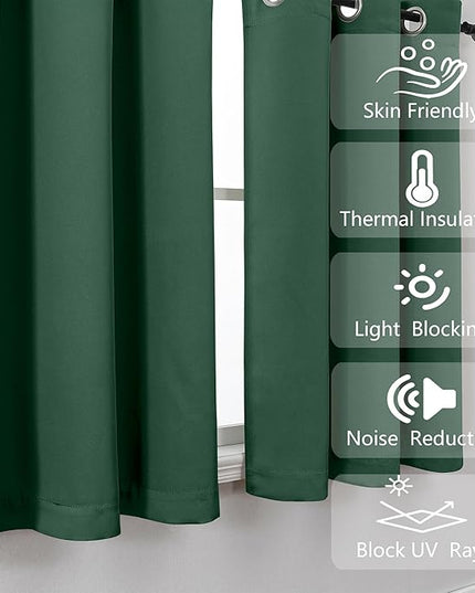 Simplebrand Ever Green Short Cafe Curtains 36 Inch Length 2 Panels Set, Half Window Grommet Privacy Drape Tiers for Kitchen, Thermal Insulated Room Darkening Curtains for Bathroom Shades, W40 x L36