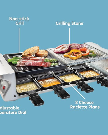 Electric Cheese Raclette Table Grill w Nonstick Grilling Plate & Cooking Stone- Indoor Smokeless Korean BBQ 8 Person Tabletop Cooker Hotplate- Melt, Grill Meat Veggies for Home Dinner Party, Xmas Gift