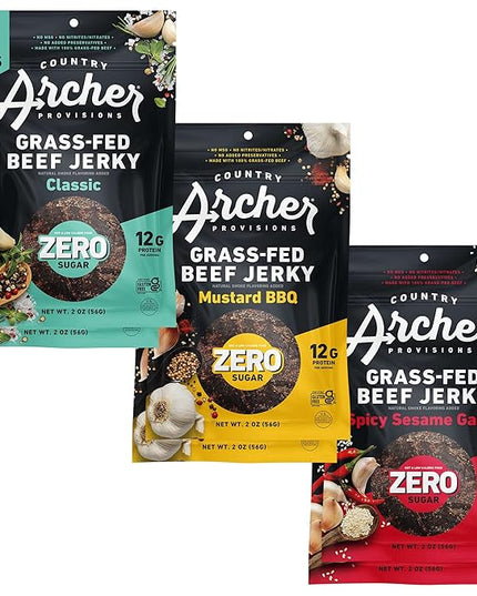 Country Archer Grass-Fed Beef Jerky Variety Pack - Beef Jerky Snack Packs, Beef Jerky Assortment, Jerky Sampler with Classic, Mustard BBQ and Spicy Sesame Garlic - 2 oz (Pack of 6)