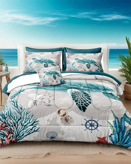Bedbay 6 Pieces Nautical Bedding Twin Comforter Set with Sheets Coastal Bedding Bed in a Bag Set Sea Turtle Comforter Twin Bedding Set for Boys Girls Ocean Turtle Bed Set(Ocean,Twin)