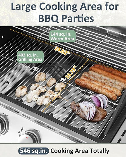 Polar Aurora Propane Gas Grill 4 Burners with Side Burner, Stainless Steel Grill Cart with Wheels for Outdoor Patio Garden Backyard Cooking bbq Grill