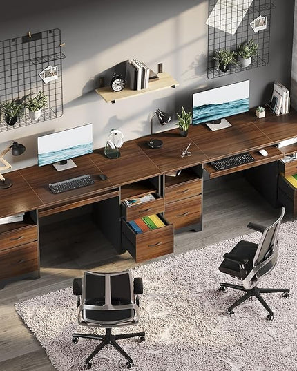 Bestier 59” Computer Desk with 4 Drawers, Office Desk with Storage, Industrial Executive Desk with File Drawer, Keyboard Tray & 2 Pedestals for Home Office & Studio, Cherry