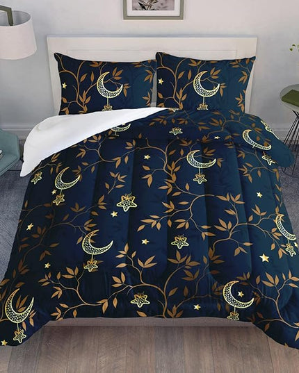 AILONEN Moon Comforter Set Twin Size, Gold Moon Star Leaves Print Bedding Set,Soft Lightweight Quilt Set for Boys Girls Adults Room Decor All Season 3 Pieces, 1 Comforter and 2 Pillowcases