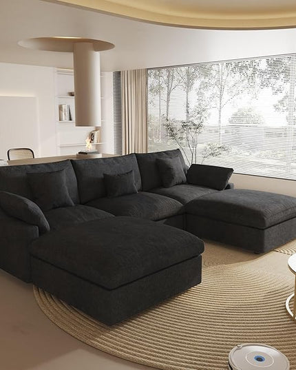 Cloud Couch Modular Sectional Sofa,119.29" U Shaped Couch, Oversized Down Filled Convertible Wide Seater,3 Seater with 2 Ottomans for Living Room Set, Covers Washable&,Black