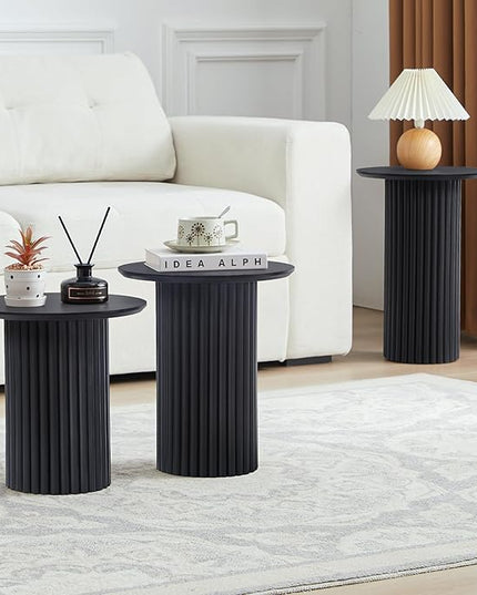 Round Nesting Coffee Table Set of 3,Mid Century Modern Fluted Coffee and End Table Set,Small Circle Wooden Side Table Drink Table for Living Room (Black)