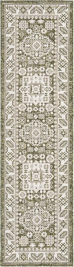 Rugs.com Outdoor Aztec Collection Rug – 8 Ft Runner Green Flatweave Rug Perfect for Hallways, Entryways
