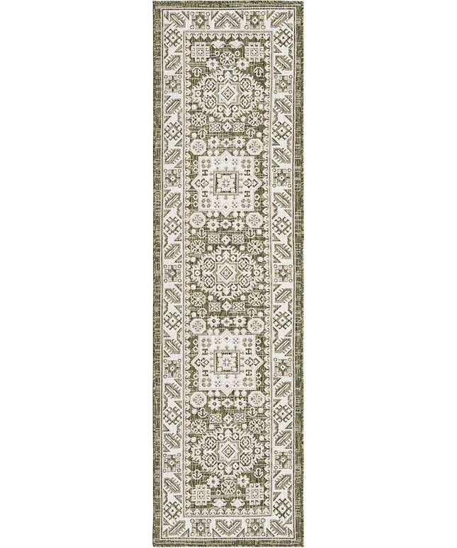 Rugs.com Outdoor Aztec Collection Rug – 8 Ft Runner Green Flatweave Rug Perfect for Hallways, Entryways
