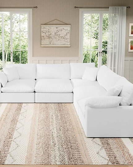 Modular Sectional Sofa Cloud Couch,Down Filled Comfy Cloud Modern Sofa,White Linen V Shape 5 Seater Oversized Couch Cushion Covers Removable for Living Room