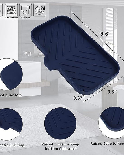 Silicone Bathroom Soap Dishes with Drain Spout-Kitchen Sink Organizer,Sponge Holder,Dish Soap Tray,Perfect for Dispenser,Scrubber,Bottle,Cup on Sink or Counter-Navy Blue 9.6"×5.3"