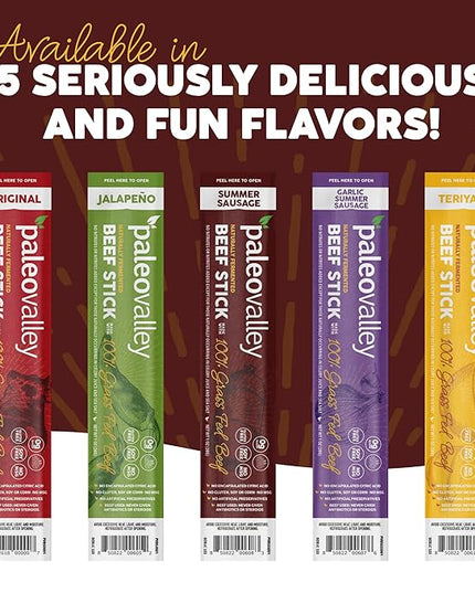 Paleovalley 100% Grass Fed Summer Sausage Beef Sticks - Delicious Gluten Free Beef Snack - High Protein Keto Friendly