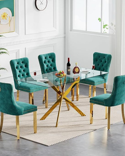 60.63in Rectangular Glass Dining Table Set for 6, Glass Gold Kitchen Table and Chair Set for 6, Modern 7 Piece Dining Room Set with 6 Fabric Upholstered Chairs, Metal Legs Home Kitchen Furniture