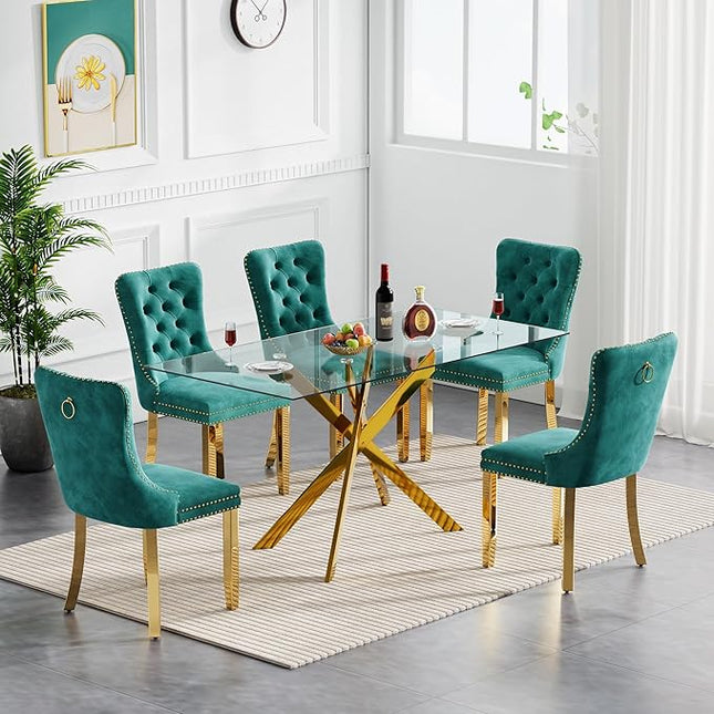 60.63in Rectangular Glass Dining Table Set for 6, Glass Gold Kitchen Table and Chair Set for 6, Modern 7 Piece Dining Room Set with 6 Fabric Upholstered Chairs, Metal Legs Home Kitchen Furniture