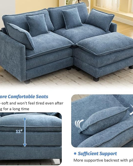 76'' Cloud Deep Seat Loveseat Sofa, Upholstered Chenille Modular 3-Seats Sectional Sofa Couch with Movable Ottoman, Modern Comfy Settee Loveseat for Living Room Set, Small Apartment, Blue