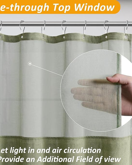 Naturoom Extra Long Shower Curtains 84 inches Linen Shower Curtain with Snap in Liner Set Boho Farmhouse Heavy Duty Textured Burlap Cloth Double Bath Curtains with Mesh Top Window 72x84 Sage Green