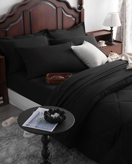 NTBAY King Comforter Set with Sheets, 7 Pieces Soft and Breathable King Bedding Set, Bed in a Bag, Down Alternative Comforter Set Solid Color All Season, King Bedding Set, Black